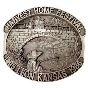 Leon Kansas Belt Buckle 1986 Stone Arch Bridge Harvest Home Festival Vintage KS